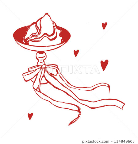 A hand-drawn whimsical dessert in a vintage style with a bow. Vector red outline illustration for Valentines Day, weddings, birthdays, and banquets. A hand-drawn whimsical dessert in a vintage style with a bow. Vector red outline illustration for Valentines Day, weddings, birthdays, and banquets. 134949603