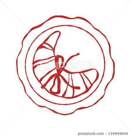 French croissant with a bow on a plate (top view). Pastry isolated on a white background. Vector outline illustration of a sweet dessert. Romantic breakfast. 134949604