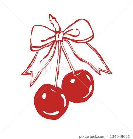 Cherry coquette with bow in red color. Doodle line drawing, fashionable berry for girls, romantic fruit decoration for Valentines Day and invitation templates. Vintage elegant vector illustration. Cherry coquette with bow in red color. Doodle line drawing, fashionable berry for girls, romantic fruit decoration for Valentines Day and invitation templates. Vintage elegant vector illustration. 134949605
