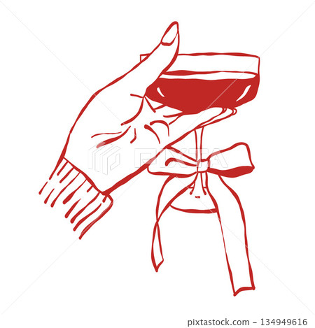 A hand holding a wine glass with a bow. Vector red outline illustration for Christmas, Valentines Day, weddings, and birthdays. 134949616