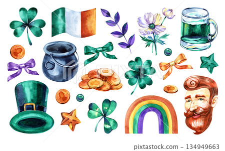 Comprehensive watercolor set for St. Patrick's Day featuring a leprechaun's head, green top hat, shamrocks, pot of gold, rainbow, Irish flag, and green beer. Hand-painted festive elements for 134949663