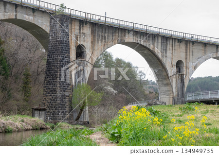Spring park and railway bridge: Miyamorigawa Bridge, Tono City Spring park and railway bridge: Miyamorigawa Bridge, Tono City 134949735