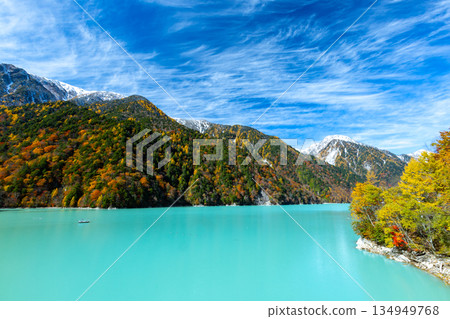 Taira, Omachi City, Nagano Prefecture - The vibrant milky blue autumn leaves of the Takase Dam regulating lake and the snow-capped mountains against the blue sky Taira, Omachi City, Nagano Prefecture - The vibrant milky blue autumn leaves of the Takase Dam regulating lake and the snow-capped mountains against the blue sky 134949768