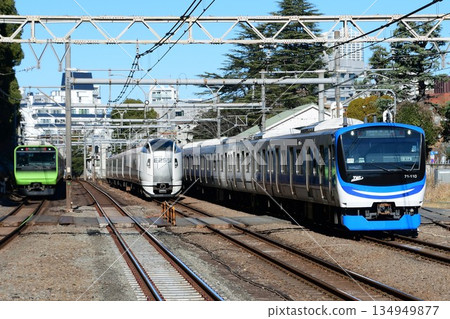 Three carriages are lined up: the E235 series 0 Yamanote Line, the E259 series Narita Express, and the Rinkai Line 71-000 series. 134949877
