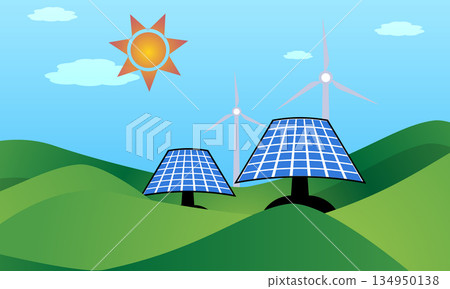 Renewable Energy Landscape With Solar Panels And Wind Turbines Vector Renewable Energy Landscape With Solar Panels And Wind Turbines Vector 134950138