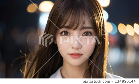 A long-haired woman making a pose in the city at night 134950144