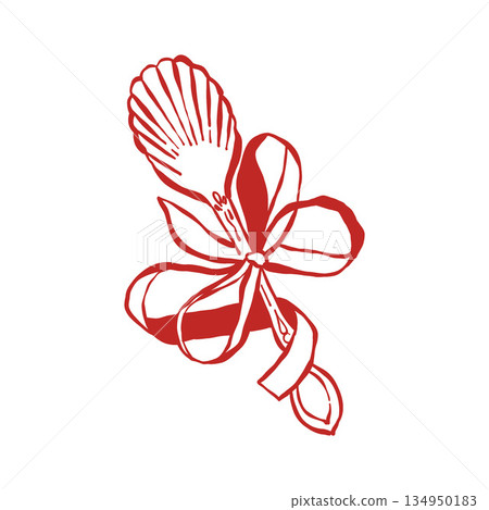 A shell-shaped spoon with a bow. Vintage cutlery. Nautical-themed wedding. Vector outline illustration in red. A shell-shaped spoon with a bow. Vintage cutlery. Nautical-themed wedding. Vector outline illustration in red. 134950183