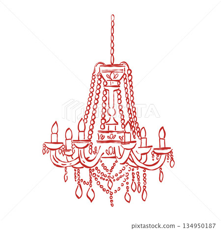 A whimsical crystal chandelier, executed in a linear style. A vintage lamp with a hand-drawn candlestick. Vector outline illustration in red. A whimsical crystal chandelier, executed in a linear style. A vintage lamp with a hand-drawn candlestick. Vector outline illustration in red. 134950187