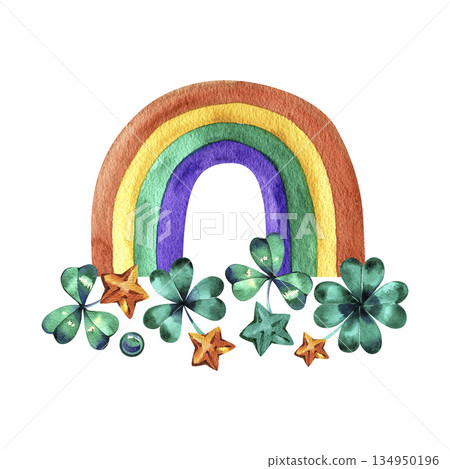 Delicate watercolor rainbow in warm orange, green, and purple tones decorated with lucky shamrocks and golden stars. A whimsical hand-painted illustration perfect for St. Patrick's Day and spring Delicate watercolor rainbow in warm orange, green, and purple tones decorated with lucky shamrocks and golden stars. A whimsical hand-painted illustration perfect for St. Patrick's Day and spring 134950196