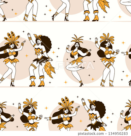 Carnival Women Dancers Seamless Pattern. Happy Female Character in Masquerade Costumes with Feathers on White Background. Color Hand-Drawn Doodle. Vector Illustration. Not AI 134950283