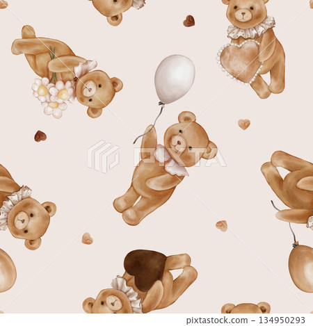 Seamless pattern with Watercolor Cute Teddy Bear Holding balloon and heart. Repeat ornament with Valentine Brown bear toy with vintage Jabot collar and daisy. Illustration hand drawn on isolated. 134950293