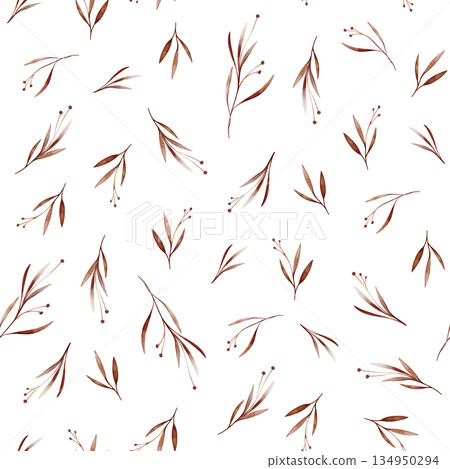 Watercolor seamless pattern with brown flowers spots with leaves. Hand drawn illustration repeat ornament with plants on isolated white background. Dark branches with round buds iridescent watercolors 134950294