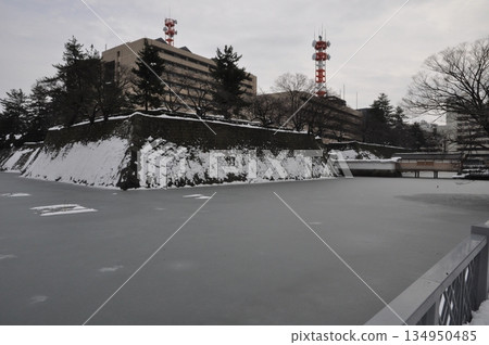 Winter scenery of the moat at Fukui Castle ruins Winter scenery of the moat at Fukui Castle ruins 134950485