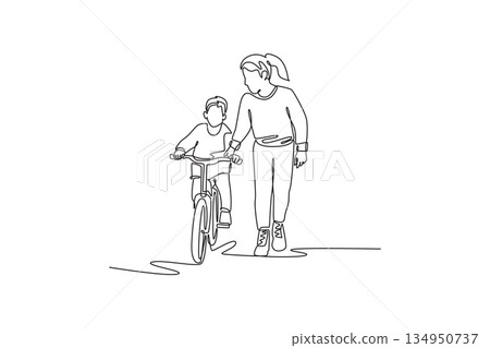 Continuous one line drawing mother walking alongside her son on bicycle. Support, gentle encouragement required for child to gain riding confidence. Single line draw design vector graphic illustration Continuous one line drawing mother walking alongside her son on bicycle. Support, gentle encouragement required for child to gain riding confidence. Single line draw design vector graphic illustration 134950737