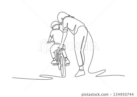 Single continuous line drawing mother carefully guiding her child bike from behind. Gentle protection and encouragement of parent during new challenge. One line draw graphic design vector illustration Single continuous line drawing mother carefully guiding her child bike from behind. Gentle protection and encouragement of parent during new challenge. One line draw graphic design vector illustration 134950744