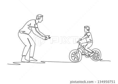 Single one line drawing happy man father cheering for a boy son child riding bicycle alone. Parent and kid during successful bike riding lesson. Continuous line draw design graphic vector illustration Single one line drawing happy man father cheering for a boy son child riding bicycle alone. Parent and kid during successful bike riding lesson. Continuous line draw design graphic vector illustration 134950751