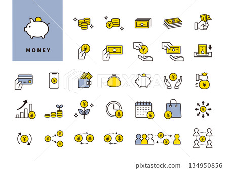 一套簡單的圖標,代表金錢、支付、儲蓄和資產管理 一套簡單的圖標,代表金錢、支付、儲蓄和資產管理 134950856