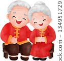 Cute watercolor cartoon of an elderly couple wearing Chinese clothing. 134951729