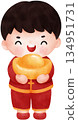 Cute watercolor illustration cartoon of a boy in Chinese outfit holding gold ingot 134951731