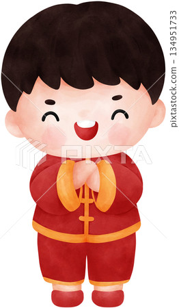 Cute watercolor illustration cartoon of a boy in Chinese outfit greeting 134951733