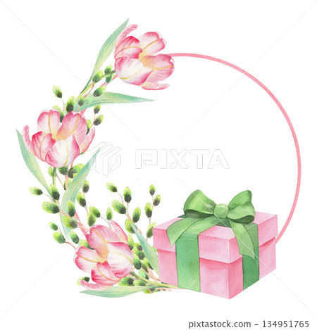Wreath of willow branches, tulips and gift box. Watercolor illustration. For fabric, wallpaper, packing paper, greeting cards, design, decoration and illustration. 134951765
