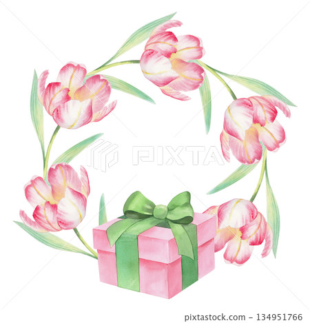 Wreath of tulips and gift box. Watercolor illustration. For fabric, wallpaper, packing paper, greeting cards, design, decoration and illustration. Wreath of tulips and gift box. Watercolor illustration. For fabric, wallpaper, packing paper, greeting cards, design, decoration and illustration. 134951766