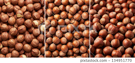 Image divided into three parts showing various images of hazelnuts 134951770