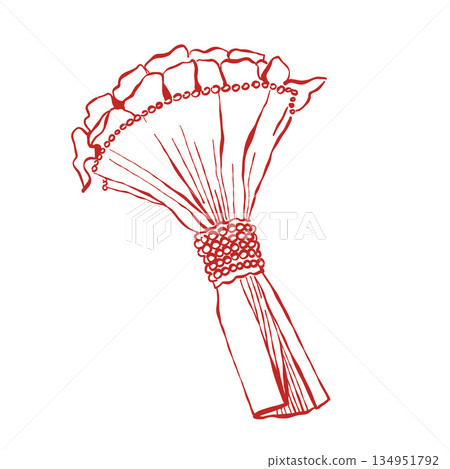 Vector illustration of a wedding bouquet with lilies and pearls. Newlyweds. Wedding flowers in a linear style. Vector red sketch illustration. 134951792