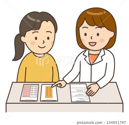 A female pharmacist explaining medicine to a young female patient A female pharmacist explaining medicine to a young female patient 134951797