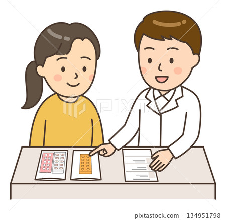 A male pharmacist explaining medicine to a young female patient A male pharmacist explaining medicine to a young female patient 134951798