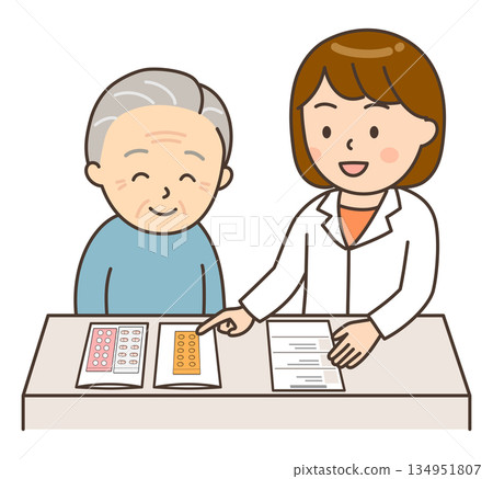A female pharmacist explaining medicine to an elderly patient A female pharmacist explaining medicine to an elderly patient 134951807