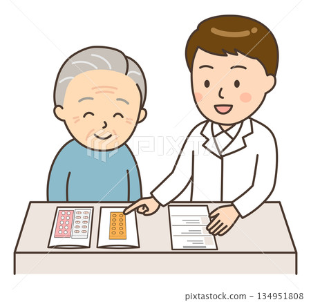 A young male pharmacist explaining medicine to an elderly patient A young male pharmacist explaining medicine to an elderly patient 134951808