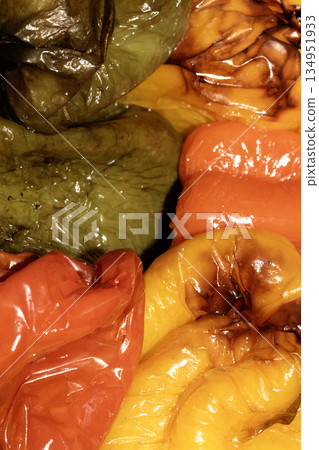 Close up or red green and yellow fried roasted sweet peppers 134951933
