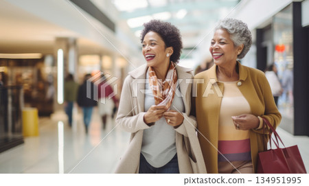 Two smiling middle aged POC women shopping at mall, carrying shopping bags 134951995