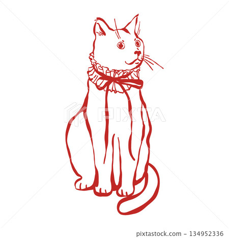 Vector outline illustration of a realistic aristocratic cat with a bow on his neck. The cat is wearing a vintage suit. Linear red clipart Vector outline illustration of a realistic aristocratic cat with a bow on his neck. The cat is wearing a vintage suit. Linear red clipart 134952336