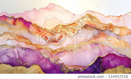Elegant purple and gold marble ink texture background with wave patterns 134952538
