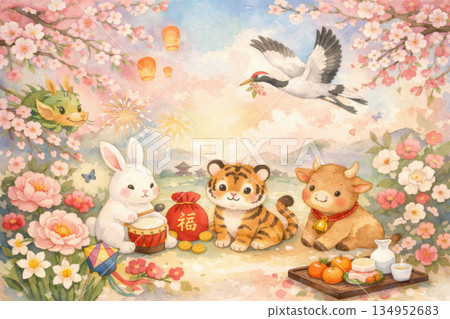 Charming watercolor illustration of symbolic animals for springtime New year celebration. peaceful, festive feeling shows cute rabbit, tiger, and ox in happy scene 134952683