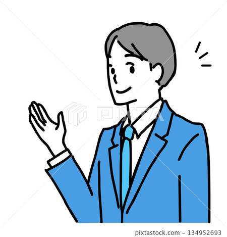 Illustration of a young man in a suit giving directions with a smile Illustration of a young man in a suit giving directions with a smile 134952693