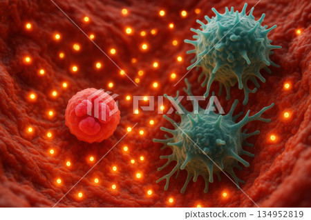 High resolution visualization of inflamed tissue showing macrophage and neutrophil immune cell response to signaling particles. active biological process highlights cellular defense 134952819