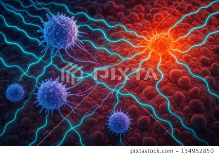 Microscopic inflammation scene shows an activated immune cell migrating to tissue. neon glow on signaling pathway illustrates dynamic biological defense and response 134952850
