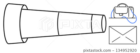 Exploration, communication tools, business correspondence, career planning, navigation, discovery. Telescopic device, briefcase and envelope in line art. Exploration and communication tools concept 134952920
