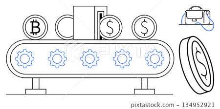 Cryptocurrency systems, digital finance, monetary production, blockchain, fintech innovation, payment technology. Bitcoin symbols and dollar signs placed on a conveyor system. Cryptocurrency systems Cryptocurrency systems, digital finance, monetary production, blockchain, fintech innovation, payment technology. Bitcoin symbols and dollar signs placed on a conveyor system. Cryptocurrency systems 134952921