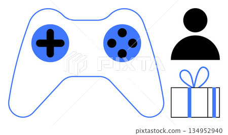 Video gaming, personalization, rewards, online platforms, user interaction, gift benefits. A gaming controller, user profile icon and gift box design. Gaming and rewards concept 134952940