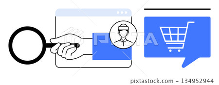 Online shopping, cybersecurity, identity verification, fraud detection, customer service, e-commerce analysis. Magnifying glass, hand with profile icon shopping cart in speech bubble. E-commerce Online shopping, cybersecurity, identity verification, fraud detection, customer service, e-commerce analysis. Magnifying glass, hand with profile icon shopping cart in speech bubble. E-commerce 134952944