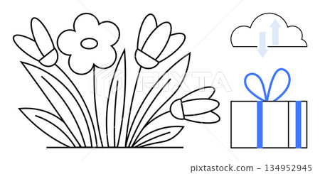 Spring celebration, gift giving, nature , holiday packaging, cloud storage, floral design. Flower sketch with tulip and daisy, cloud symbol gift wrapped box. Spring celebration and gift giving Spring celebration, gift giving, nature , holiday packaging, cloud storage, floral design. Flower sketch with tulip and daisy, cloud symbol gift wrapped box. Spring celebration and gift giving 134952945