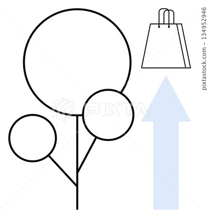 Green initiatives, eco-conscious living, sustainable business, environmental responsibility, consumer habits, growth trends. Minimalist graphic with tree, shopping bag growth arrow. Green 134952946