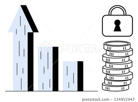 Economic growth, financial planning, savings, business success, data security, investment strategies. Rising bar graph, lock coins. Economic growth and financial planning visualization Economic growth, financial planning, savings, business success, data security, investment strategies. Rising bar graph, lock coins. Economic growth and financial planning visualization 134952947