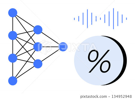 Artificial intelligence, machine learning, data processing, statistics, technology, science. Neural network diagram, sound waves and percentage sign . AI and data processing applications concept 134952948