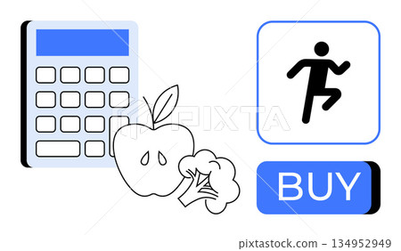 Nutrition planning, fitness apps, healthy lifestyle tips, online shopping, meal tracking, fitness progress. Calculator, apple broccoli exercise sign buy button. Nutrition planning and fitness apps Nutrition planning, fitness apps, healthy lifestyle tips, online shopping, meal tracking, fitness progress. Calculator, apple broccoli exercise sign buy button. Nutrition planning and fitness apps 134952949