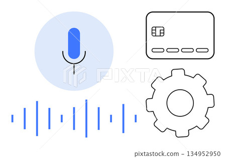 Payments, technology, voice commands, machine learning, digital security, automation. Minimalist icons microphone, credit card cogwheel sound waves. Payments and technology conceptual idea Payments, technology, voice commands, machine learning, digital security, automation. Minimalist icons microphone, credit card cogwheel sound waves. Payments and technology conceptual idea 134952950